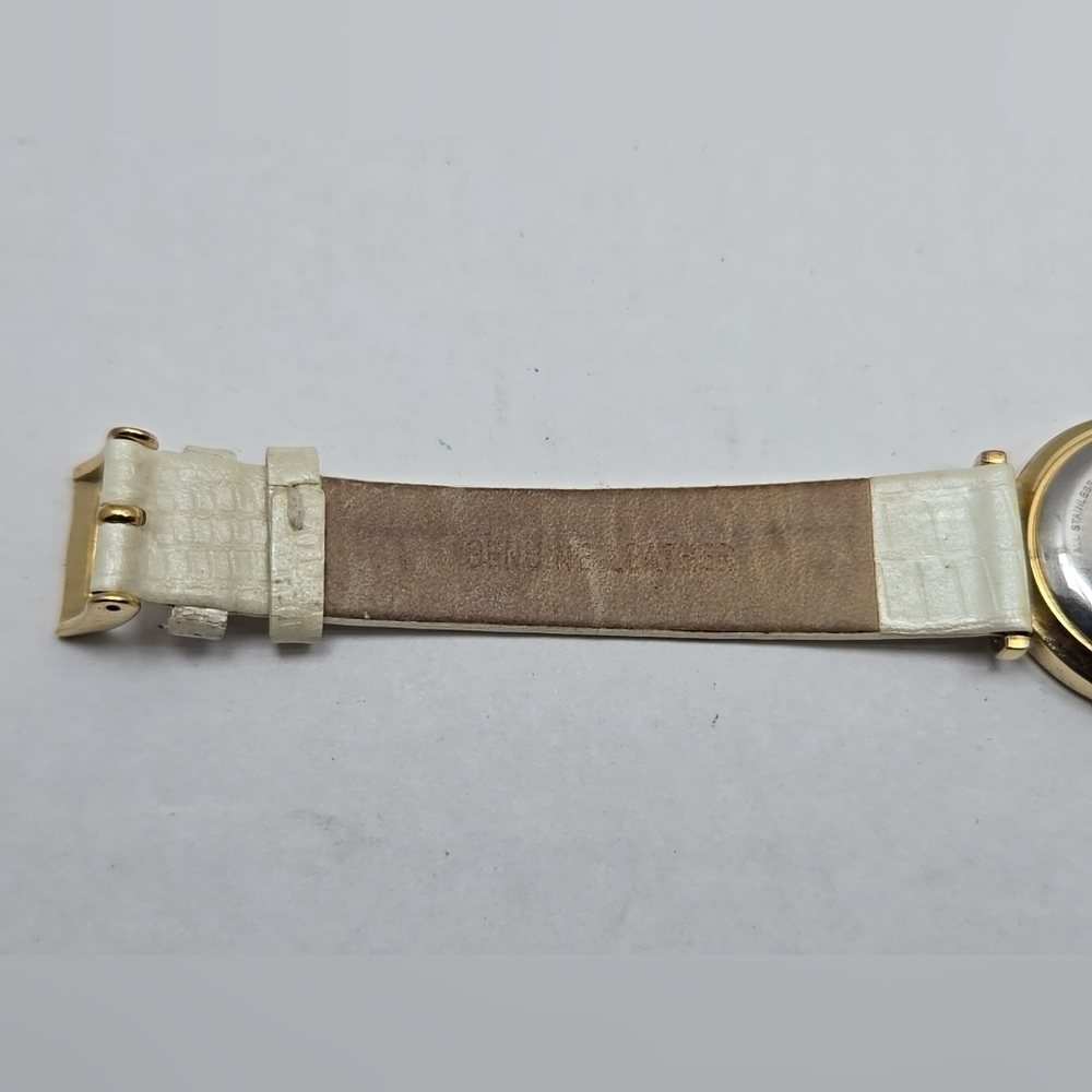 Skagen 107SGLW Gold Tone Watch White Leather Strap Crystal Dial New Battery 25mm - Picture 9 of 13